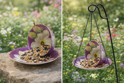 Vintage Spilling Teacup Bird Feeder — Whimsical Cottage Style - BIRDLOVER