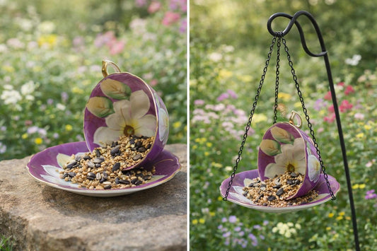 Vintage Spilling Teacup Bird Feeder — Whimsical Cottage Style - BIRDLOVER