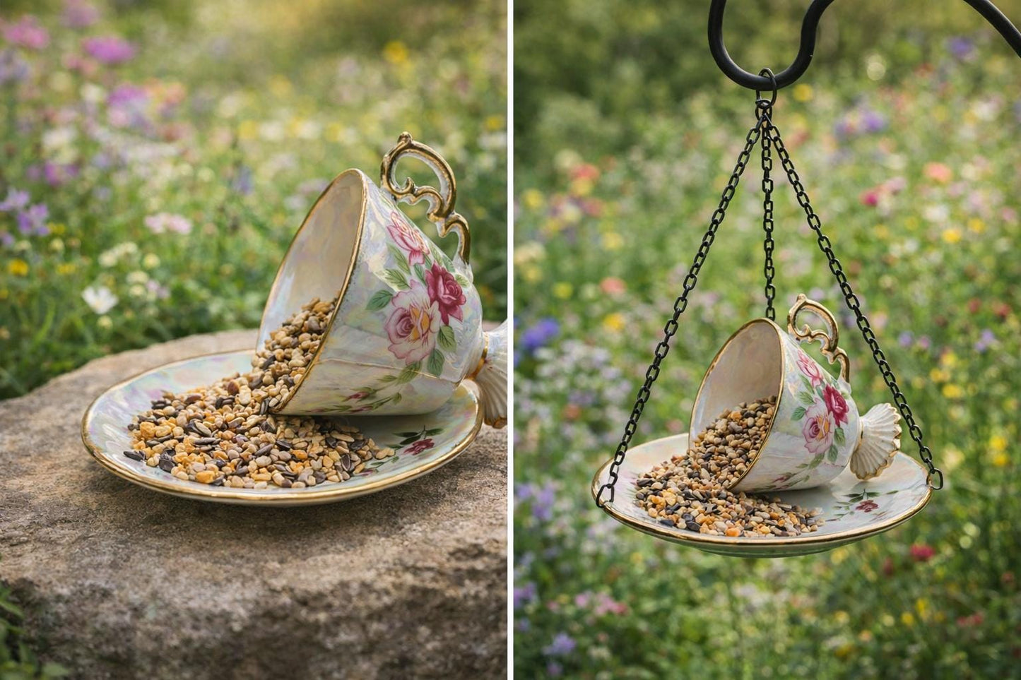 Vintage Spilling Teacup Bird Feeder — Whimsical Cottage Style - BIRDLOVER