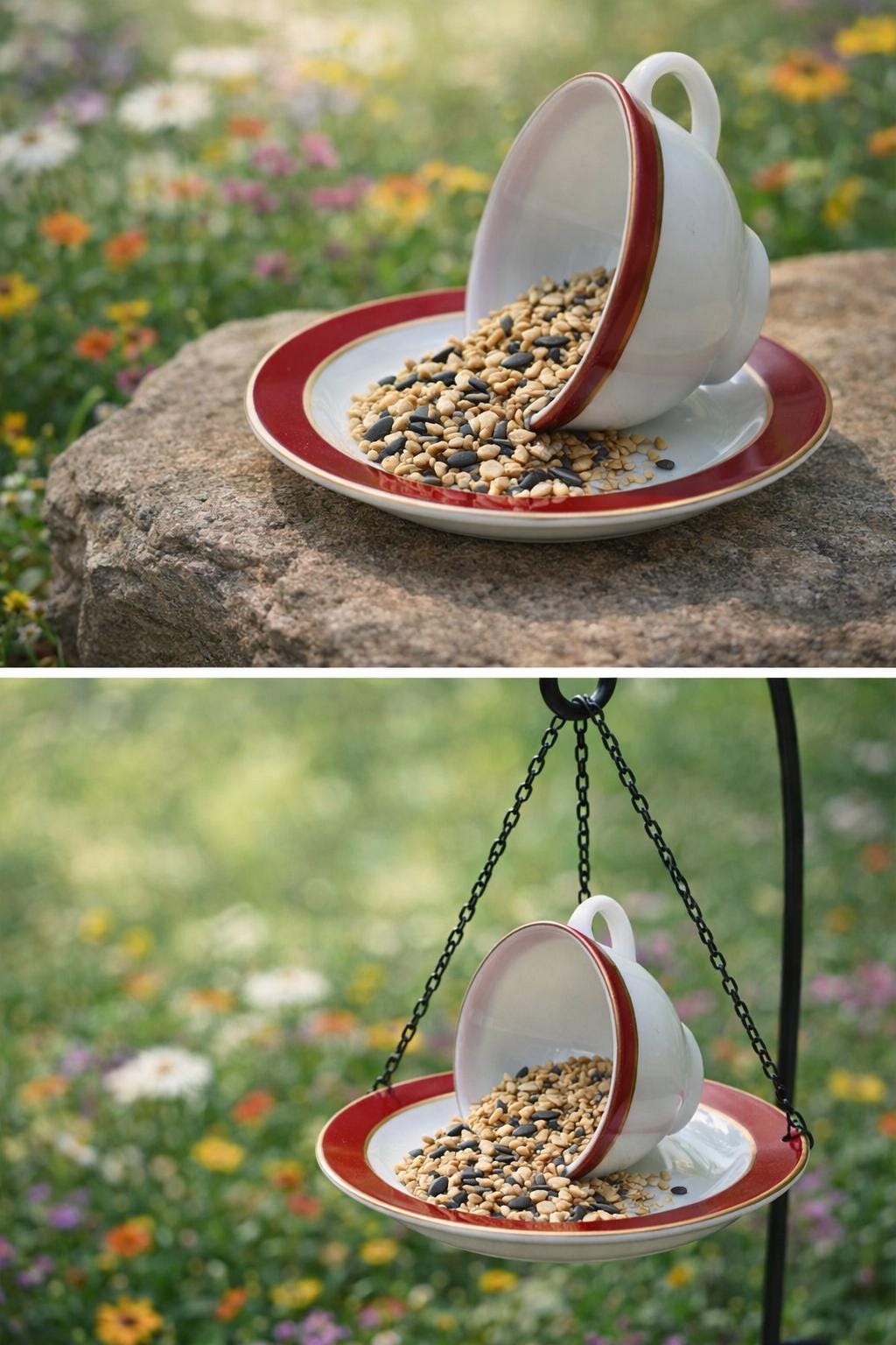 Vintage Spilling Teacup Bird Feeder — Whimsical Cottage Style - BIRDLOVER