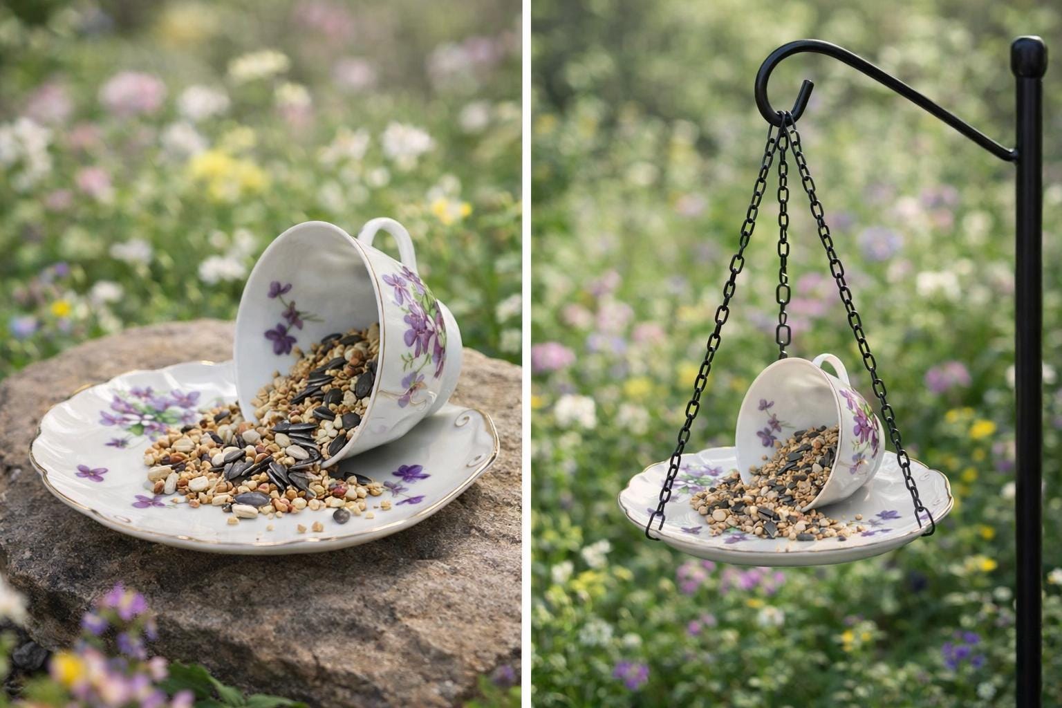 Vintage Spilling Teacup Bird Feeder — Whimsical Cottage Style - BIRDLOVER