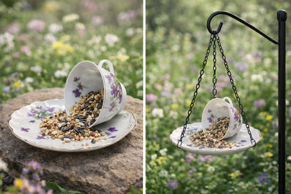 Vintage Spilling Teacup Bird Feeder — Whimsical Cottage Style - BIRDLOVER