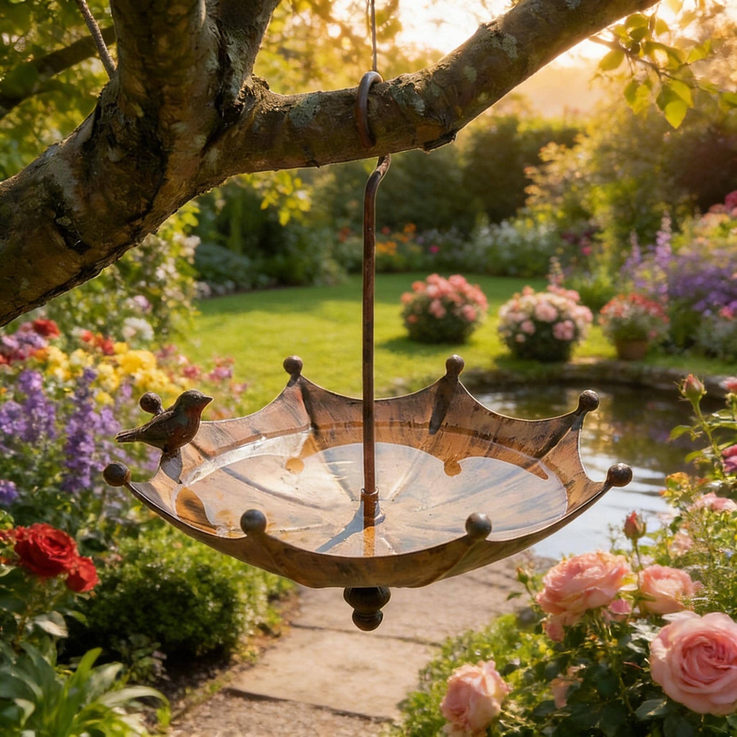 Vintage Umbrella Hanging Bird Feeder — Rustic Metal Seed Tray - BIRDLOVER