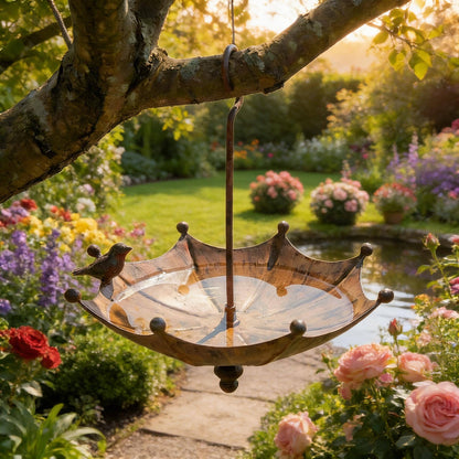 Vintage Umbrella Hanging Bird Feeder — Rustic Metal Seed Tray - BIRDLOVER