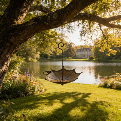 Vintage Umbrella Hanging Bird Feeder — Rustic Metal Seed Tray - BIRDLOVER