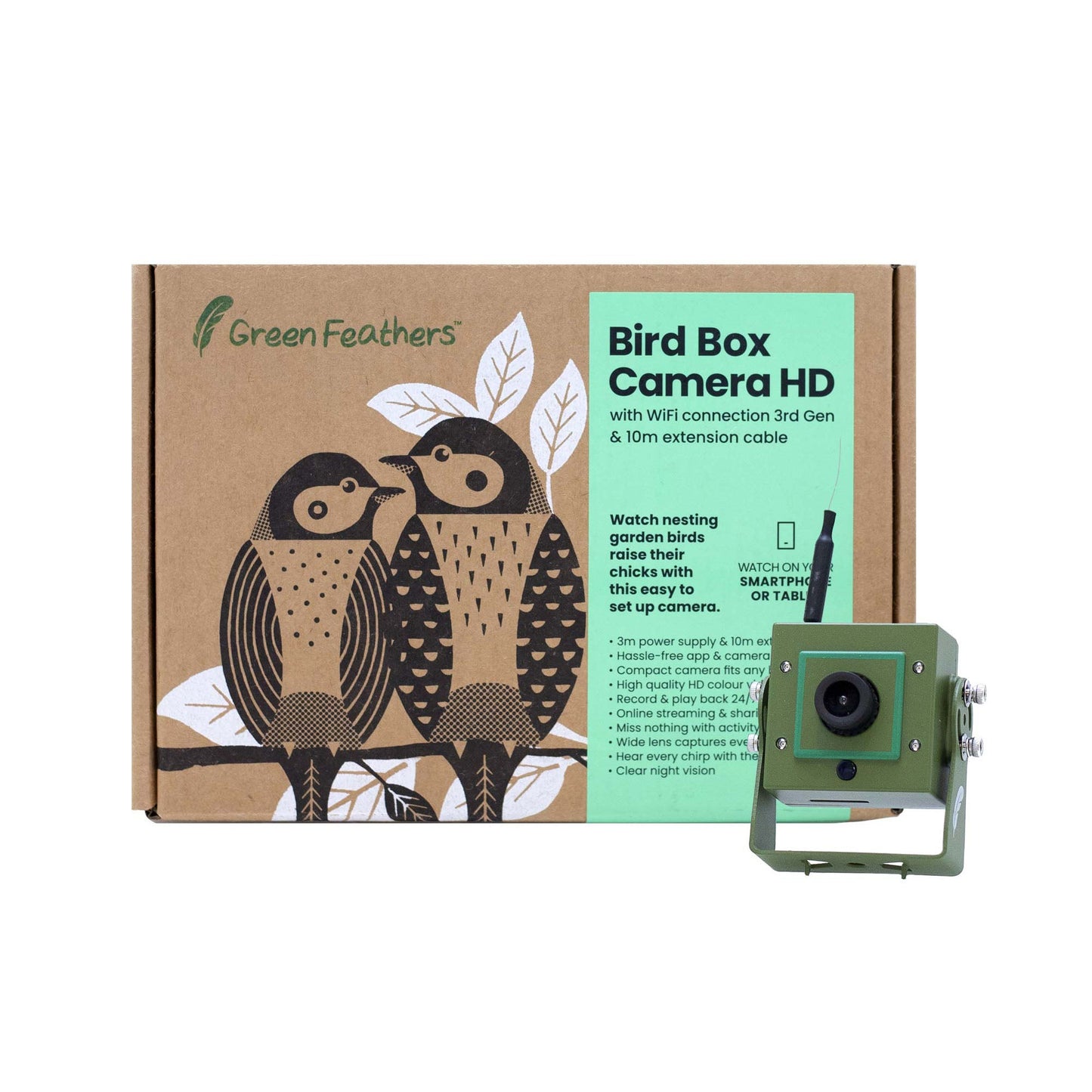 Bird Box Camera HD packaging with illustration of two birds on a cardboard box and camera in front.