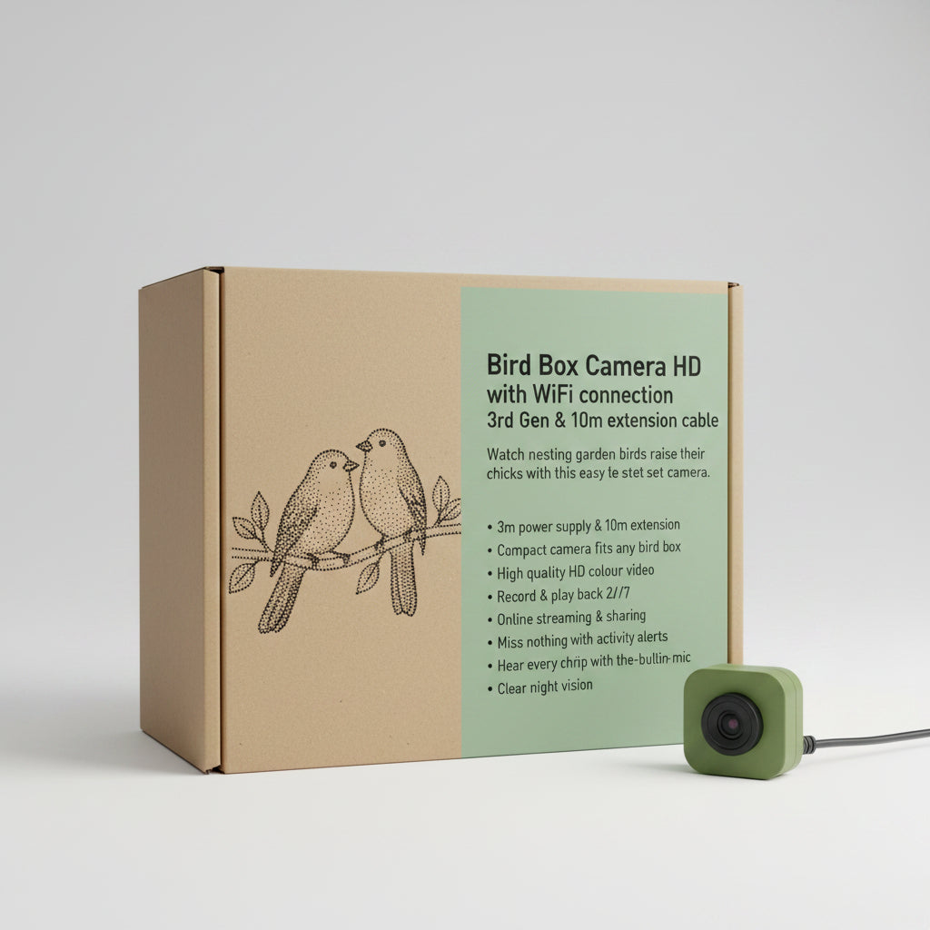 Bird Box Camera HD packaging with illustration of two birds on a cardboard box and camera in front.