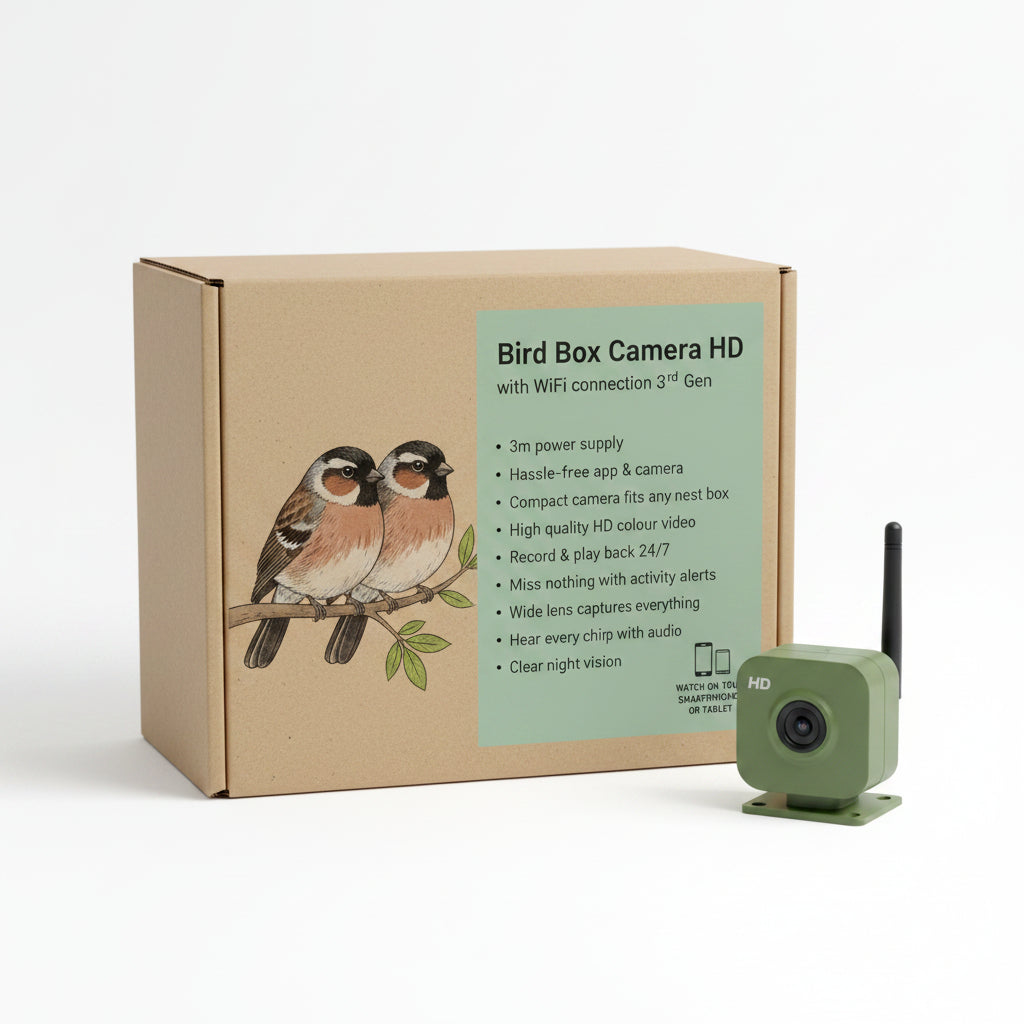 Bird Box Camera HD packaging with illustration of two birds on a cardboard box and camera in front.