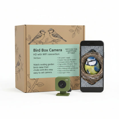 Bird box camera HD with packaging and smartphone display on a white background