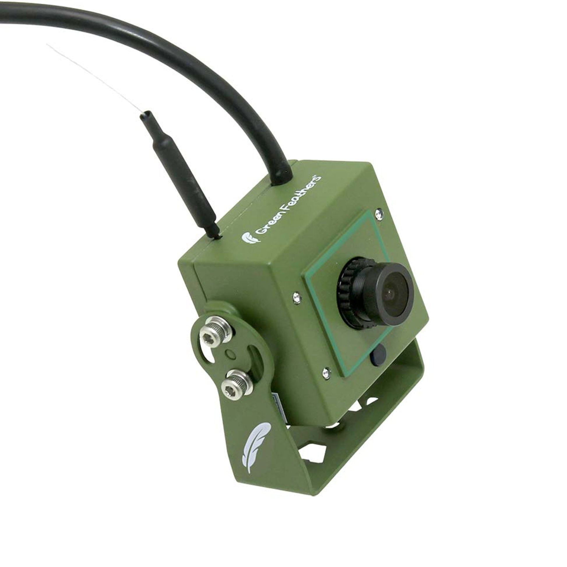 Green camera with a cable on a white background