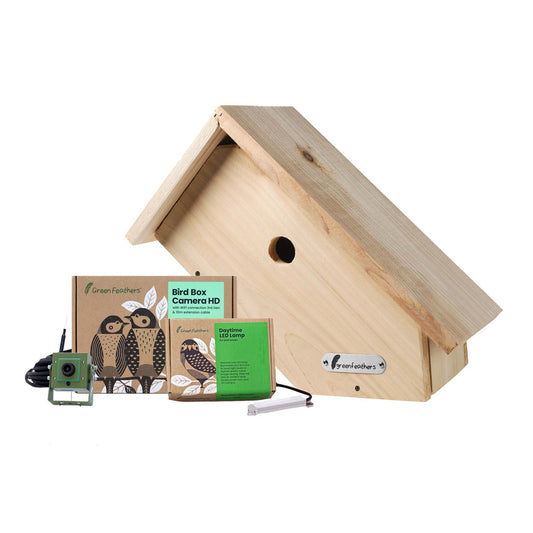 Wooden birdhouse with camera and packaging on a white background