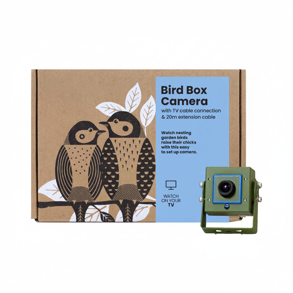 Bird Box Camera packaging with illustration of two birds and product details on a white background